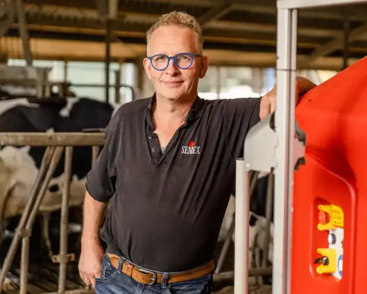 Ein Landwirt in einem Milchviehstall beobachtet einen automatisierten Stallreinigungsroboter bei der Reinigung des Stallbodens.