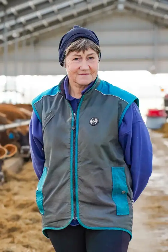 Joanne Crack in her barn with Jersey cows